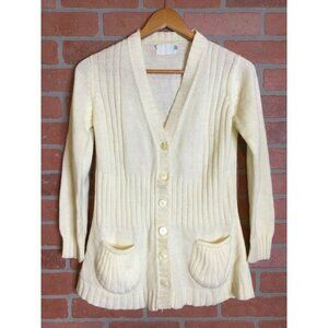 Vintage Womens Sweater Acrylic Ribbed Button Front Knit Cardigan Beige Small